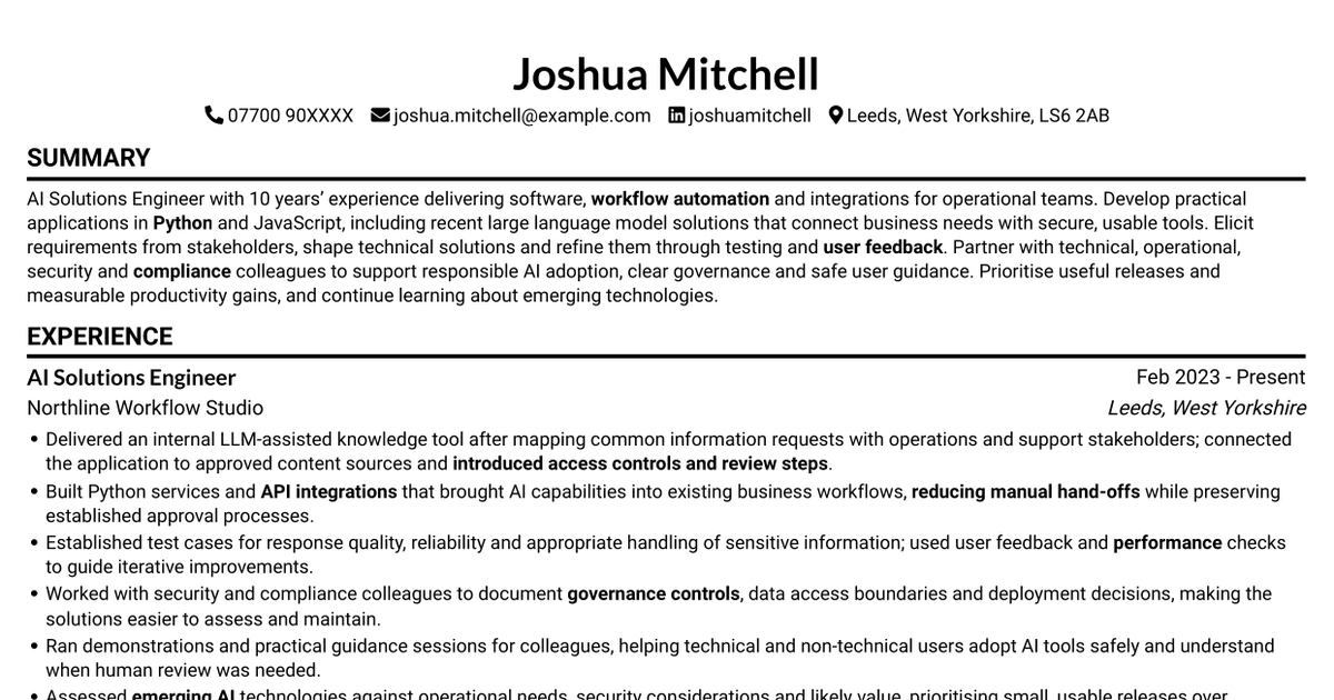 7 AI Solutions Engineer CV Templates with Example