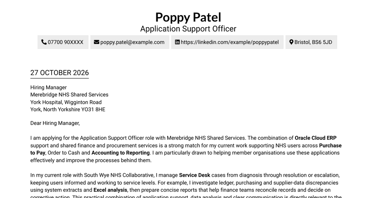 Application Support Officer - Oracle Cloud ERP Cover Letter
