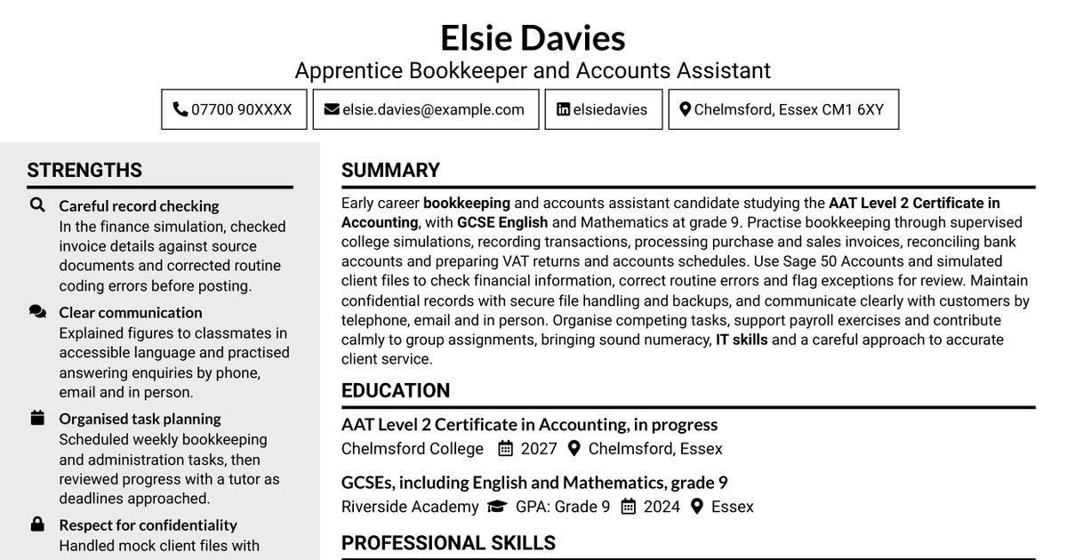 7 Apprentice Bookkeeper & Accounts Assistant - Client Accounts CV Templates with Example