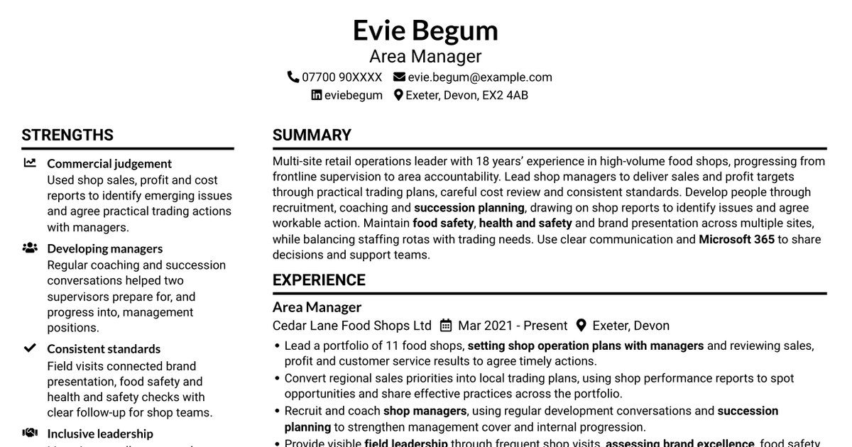 7 Area Manager - Multi-site Retail Operations CV Templates with Example