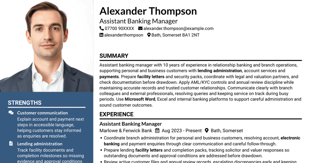 7 Assistant Banking Manager - Lending Administration CV Templates with Example