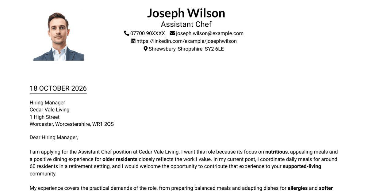 7 Assistant Chef - Residential Care Catering Cover Letter Templates with Example
