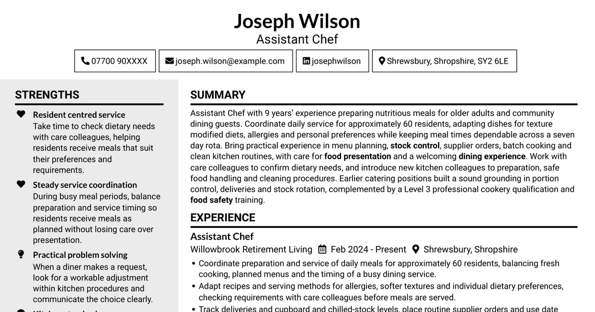 7 Assistant Chef - Residential Care Catering CV Templates with Example