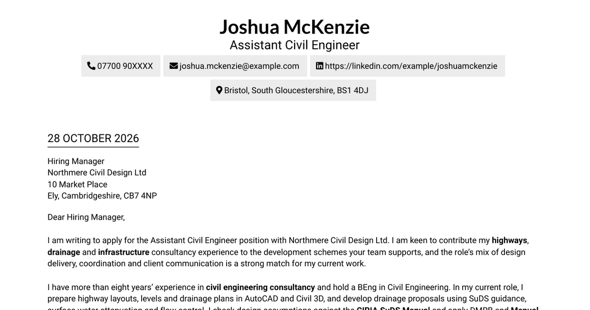 7 Assistant Civil Engineer - Highways and Drainage Design Cover Letter Templates with Example