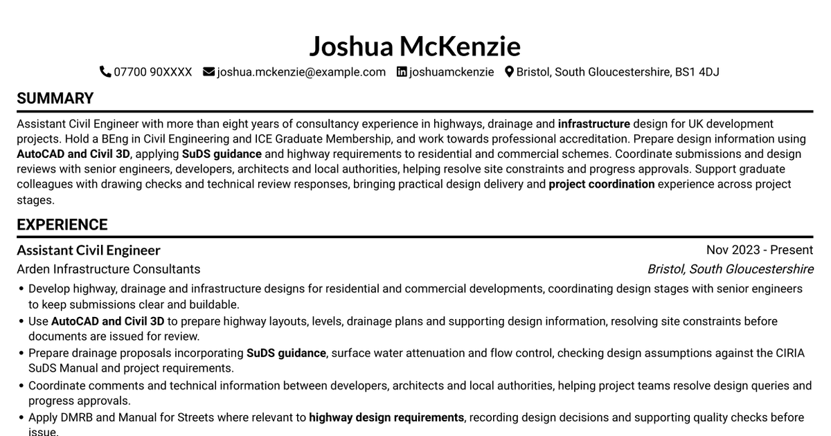 7 Assistant Civil Engineer - Highways and Drainage Design CV Templates with Example
