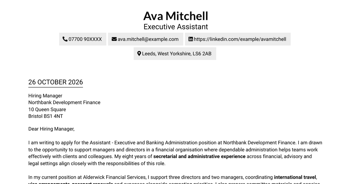 7 Assistant - Executive and Banking Administration Cover Letter Templates with Example