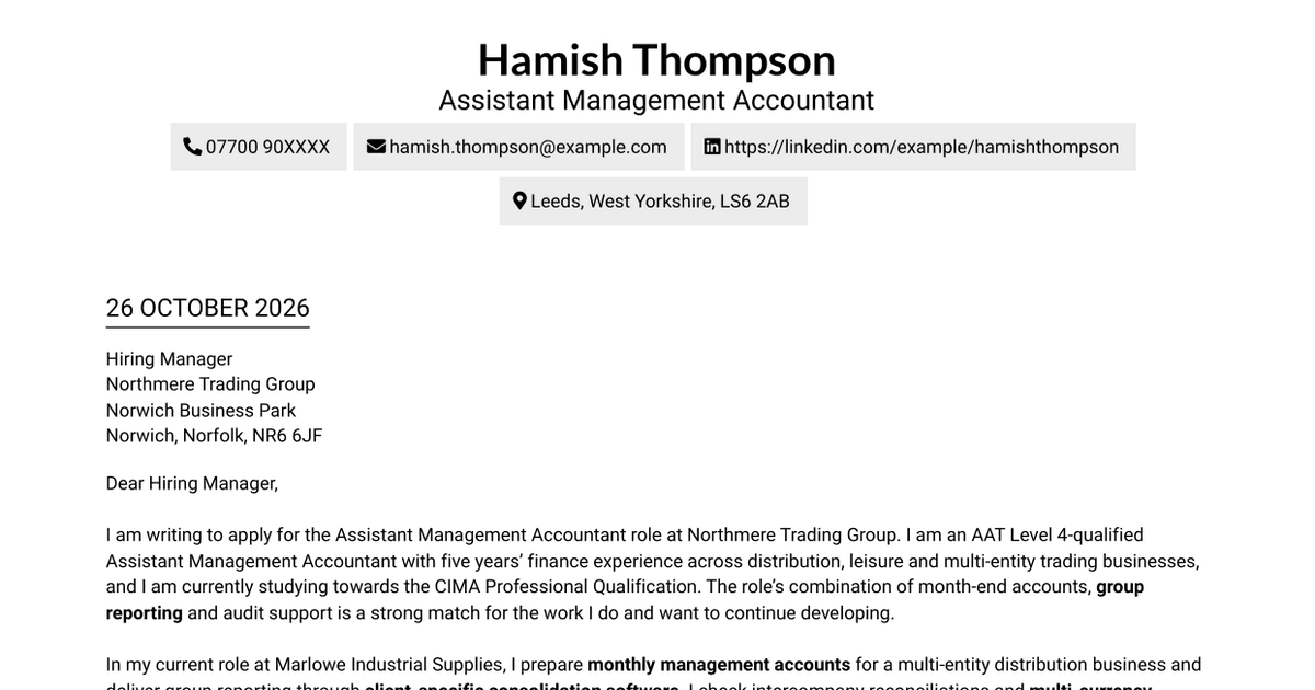 Assistant Management Accountant - Group Reporting Cover Letter