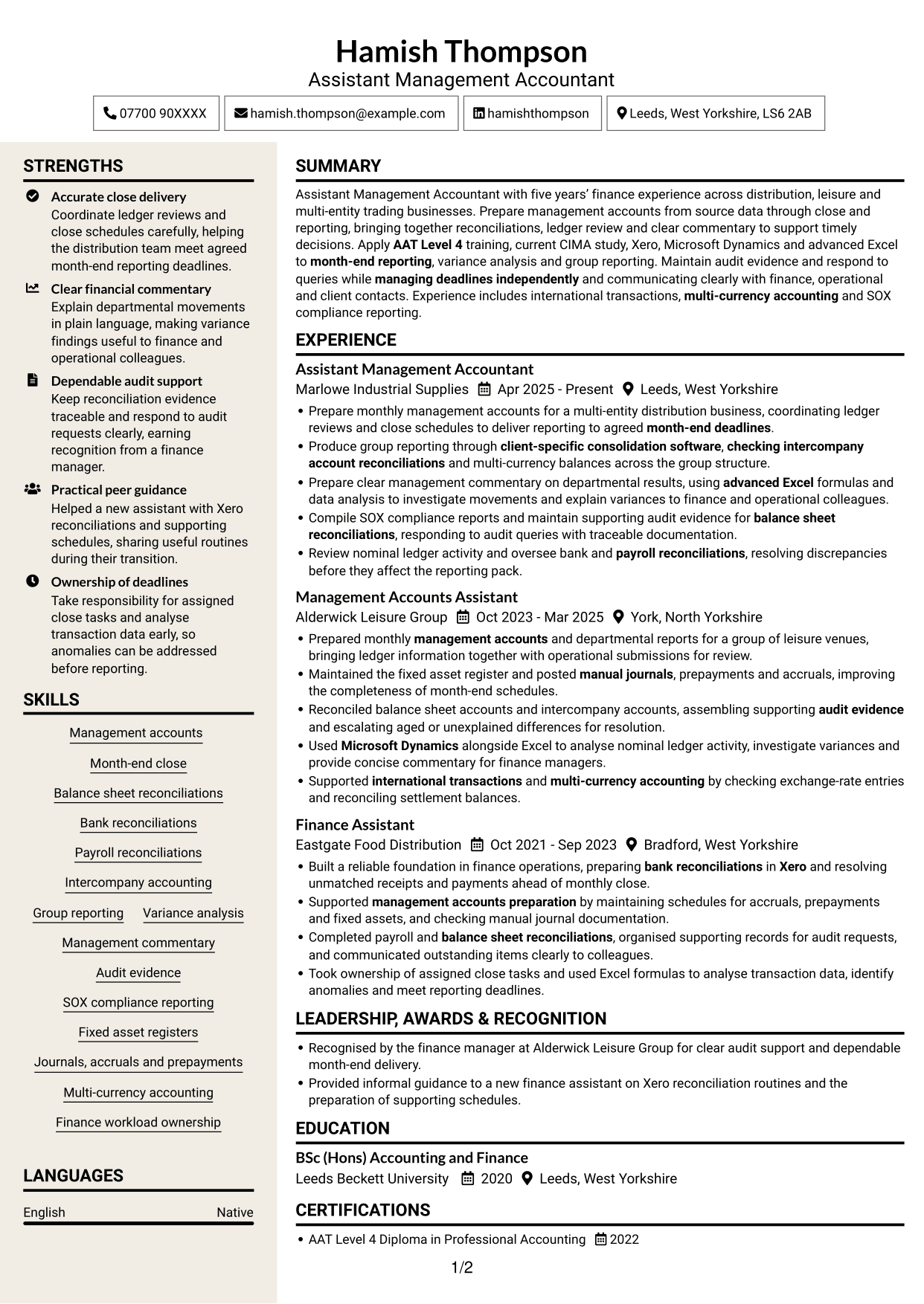 CV example — page 1