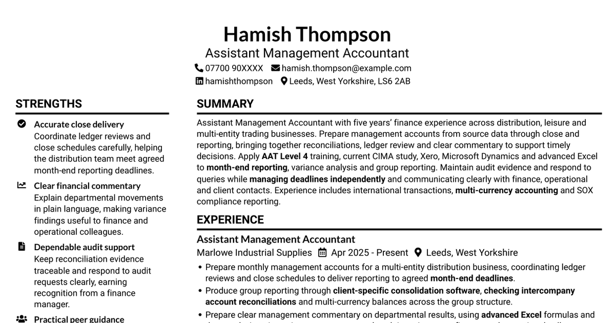 Assistant Management Accountant - Group Reporting CV
