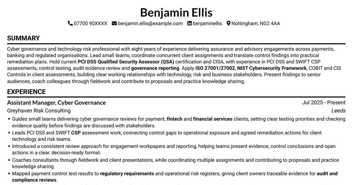 7 Assistant Manager - Digital and Cyber Governance CV Templates with Example