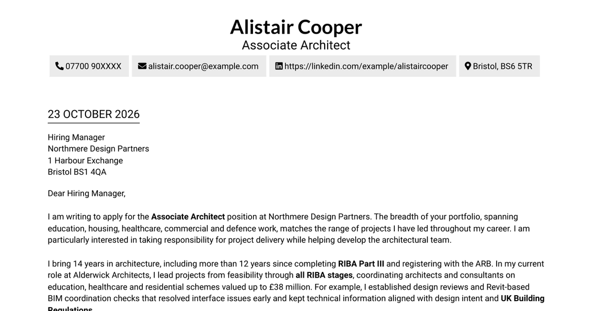 7 Associate Architect - Architectural Project Delivery Cover Letter Templates with Example