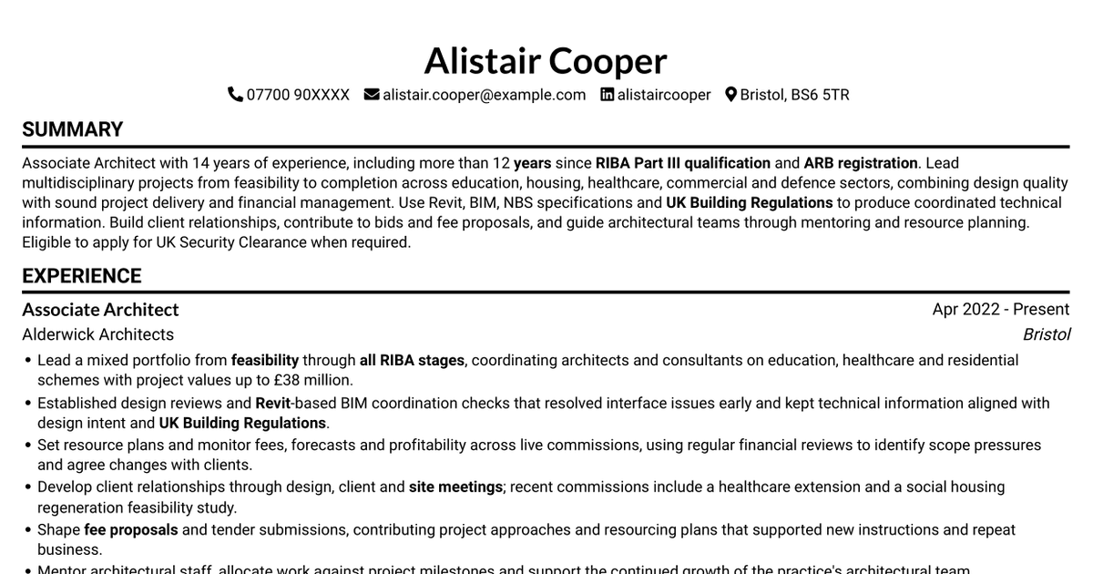 7 Associate Architect - Architectural Project Delivery CV Templates with Example
