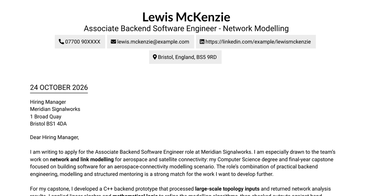 Associate Backend Software Engineer - Network Modelling Cover Letter