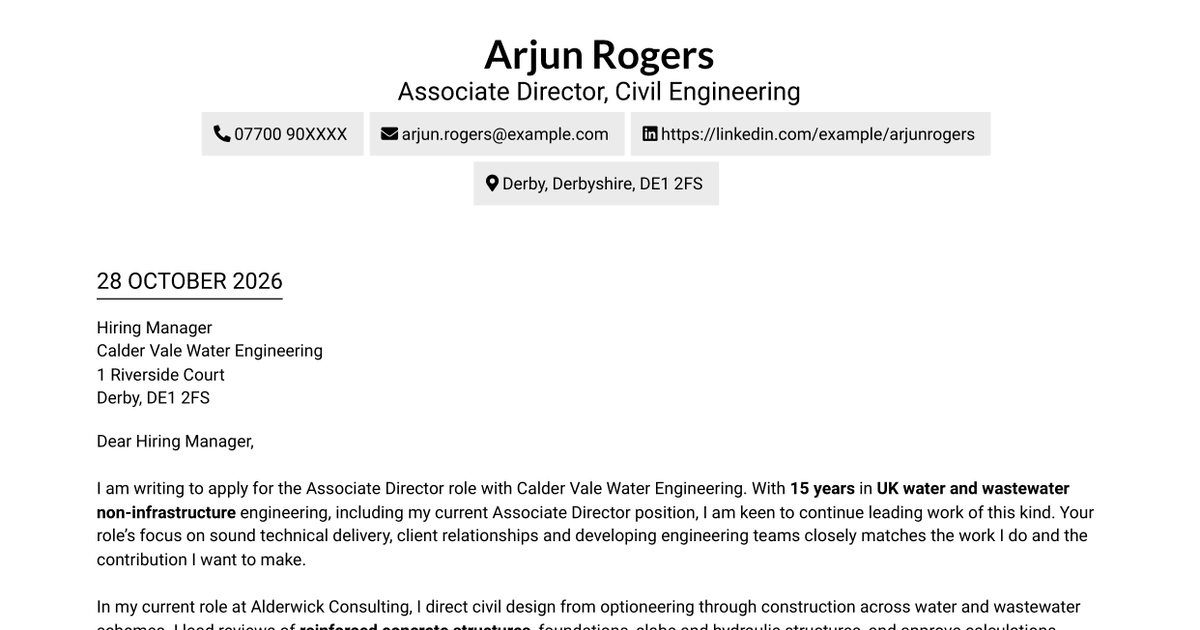 Associate Director Civil Engineer - Water and Wastewater Cover Letter