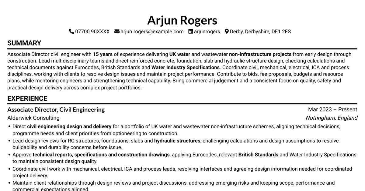 7 Associate Director Civil Engineer - Water and Wastewater CV Templates with Example