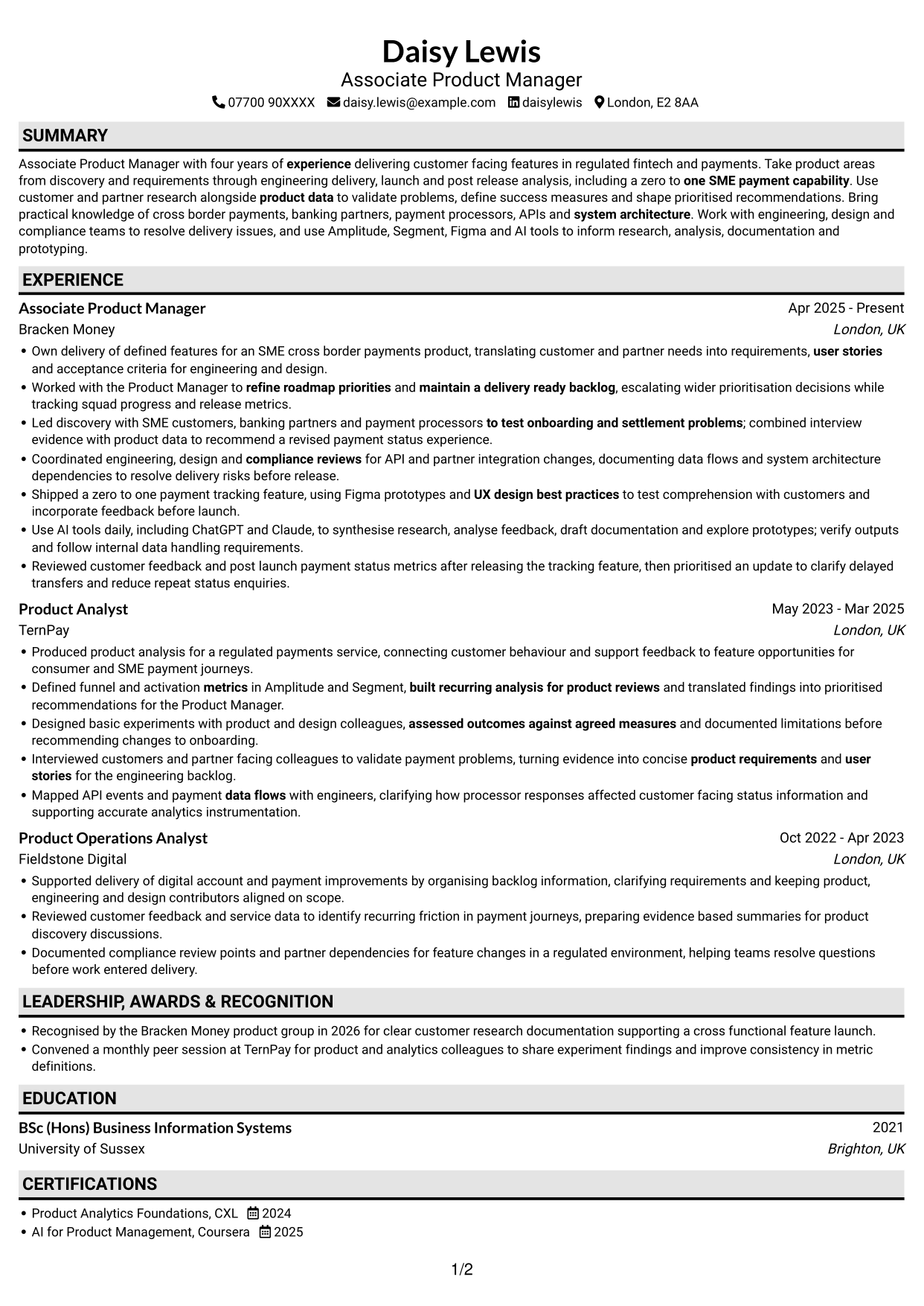 CV example — page 1