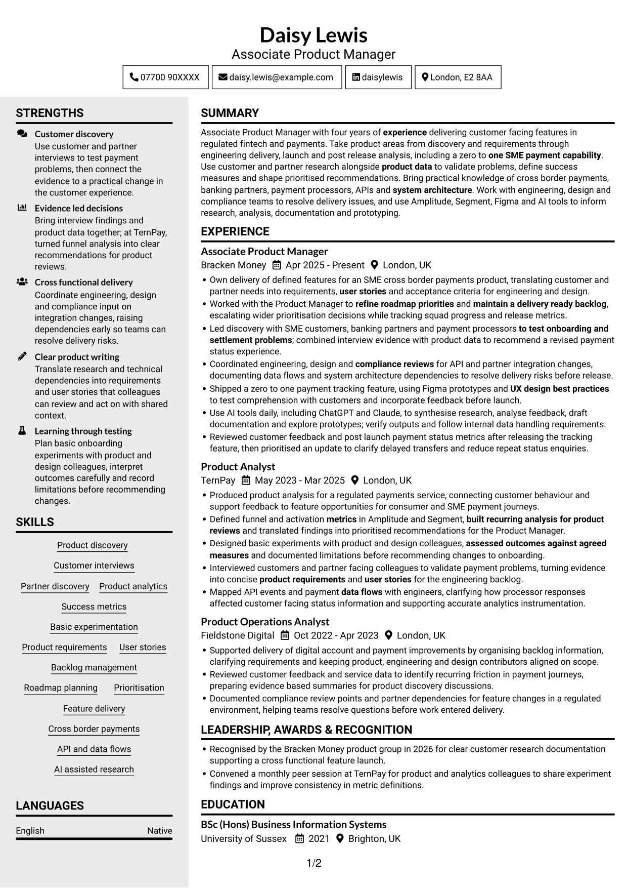 CV example — page 1