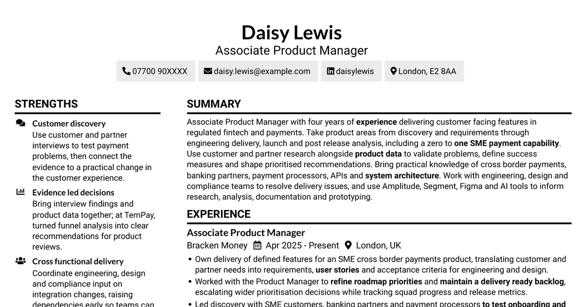 7 Associate Product Manager - Cross-border Payments CV Templates with Example