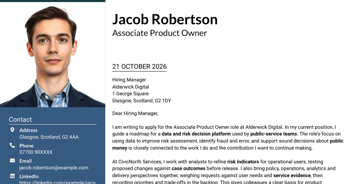7 Associate Product Owner - Data and Risk Platforms Cover Letter Templates with Example