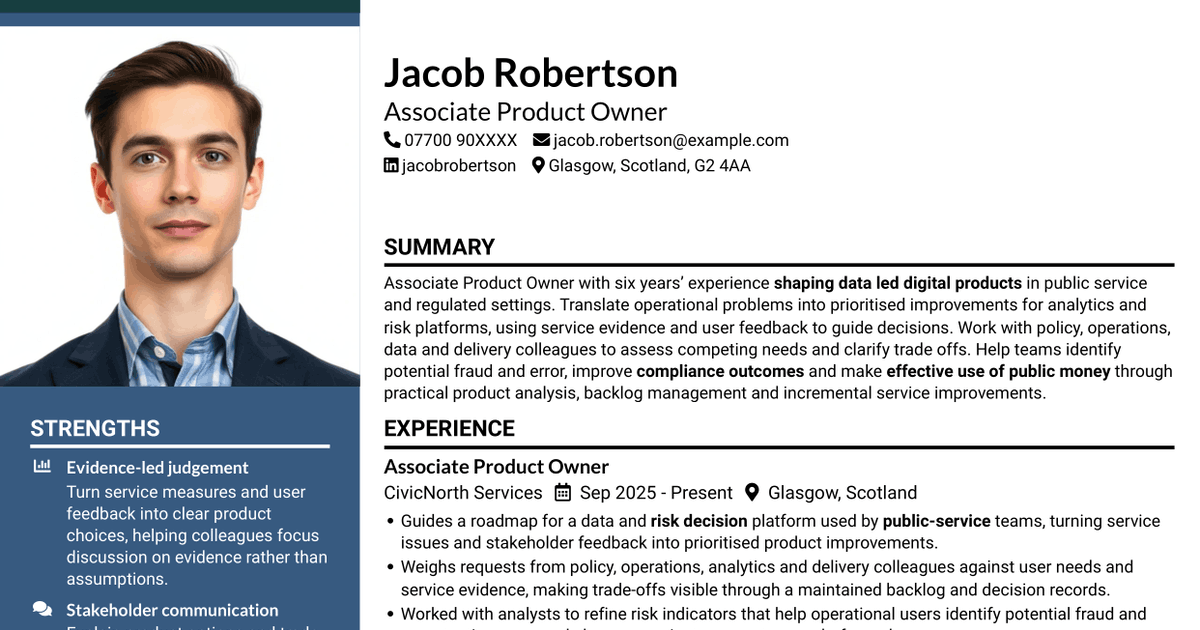 7 Associate Product Owner - Data and Risk Platforms CV Templates with Example