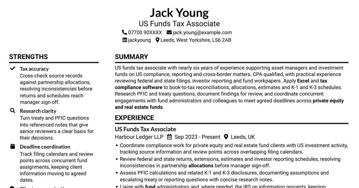 7 Associate, US Funds Tax CV Templates with Example