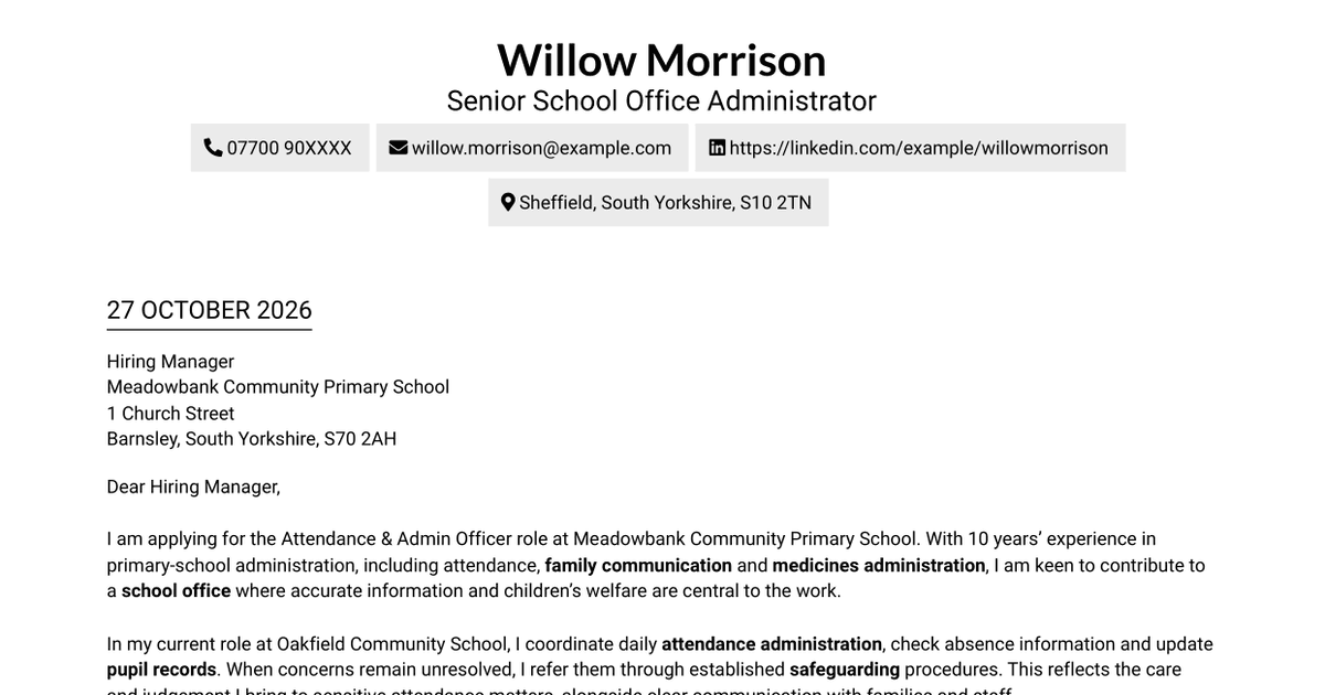Attendance & Admin Officer - School Administration Cover Letter