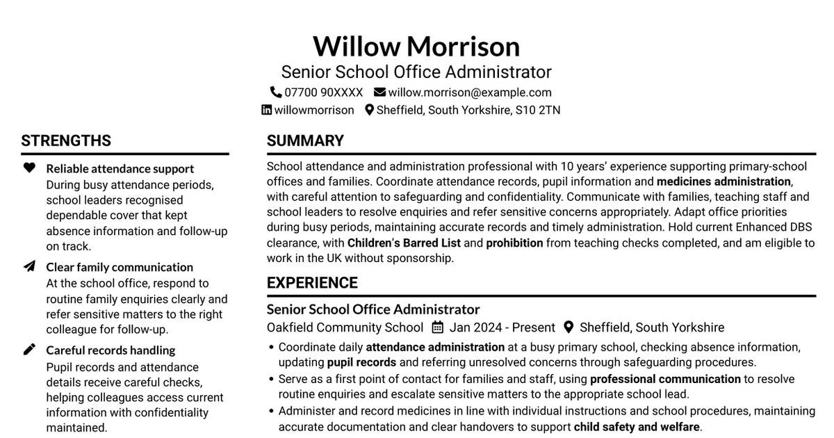 Attendance & Admin Officer - School Administration CV