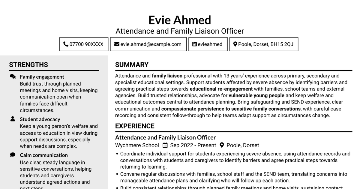 7 Attendance & Family Liaison Officer CV Templates with Example