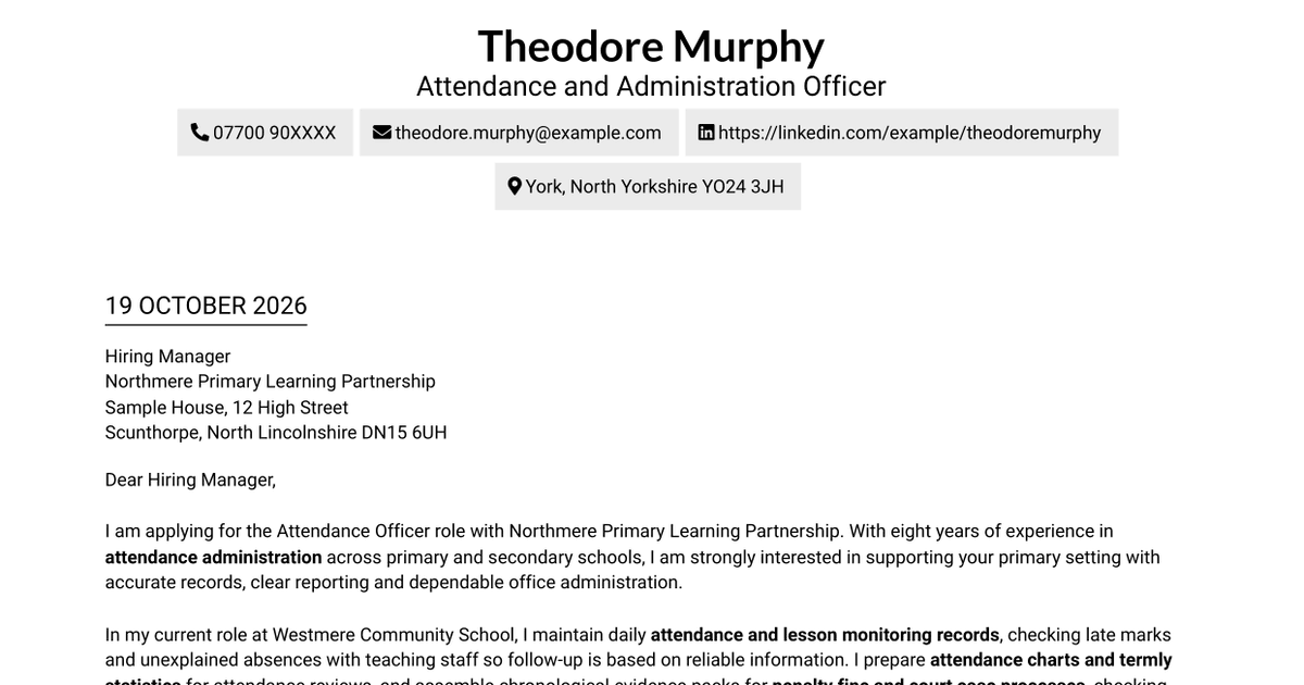 7 Attendance Officer - Student Attendance Administration Cover Letter Templates with Example