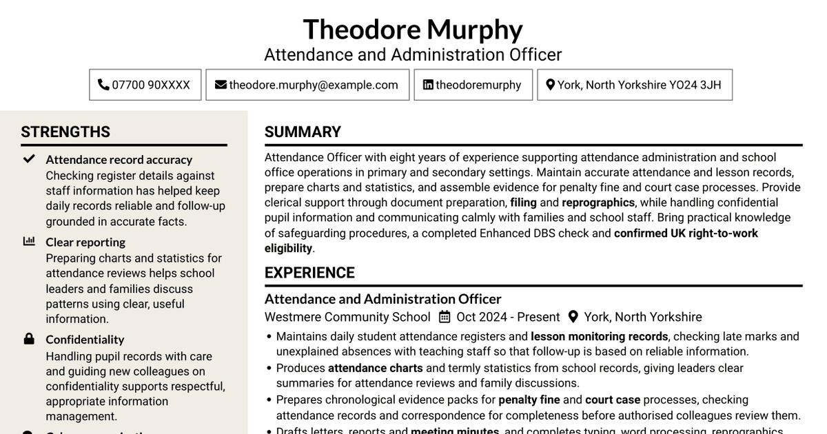 7 Attendance Officer - Student Attendance Administration CV Templates with Example