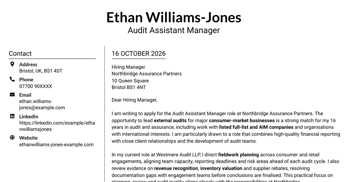 7 Audit Assistant Manager - Consumer Markets Cover Letter Templates with Example