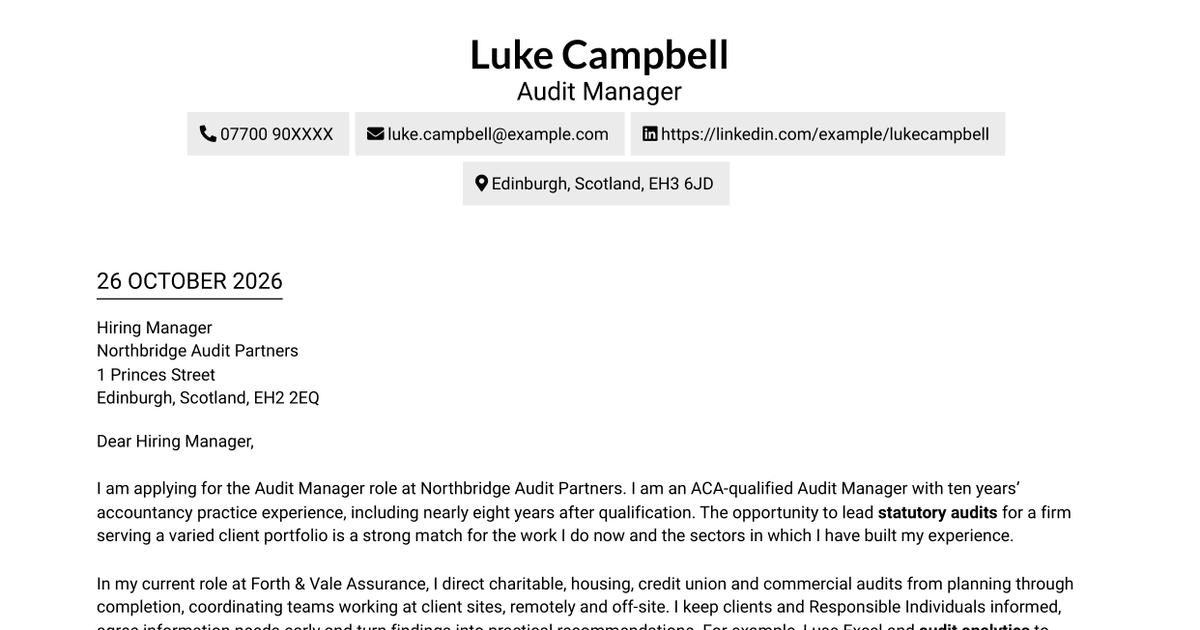 Audit Manager - Statutory Audits Cover Letter