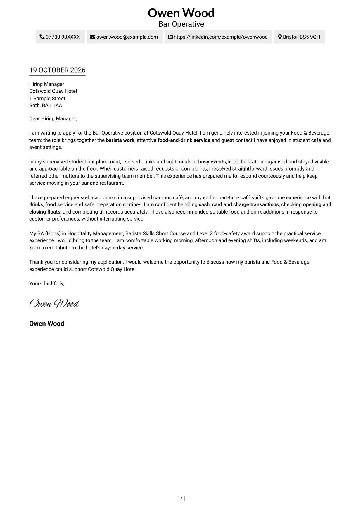 Cover letter example — page 1