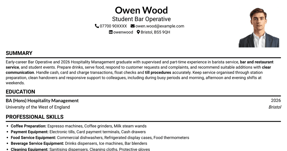 7 Bar Operative - Barista and Food Service CV Templates with Example