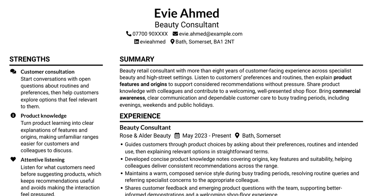 7 Beauty Retail Consultant CV Templates with Example