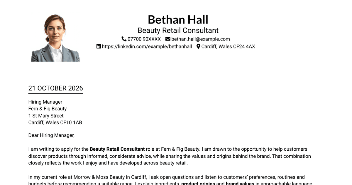 7 Beauty Retail Consultant - Product Advice Cover Letter Templates with Example