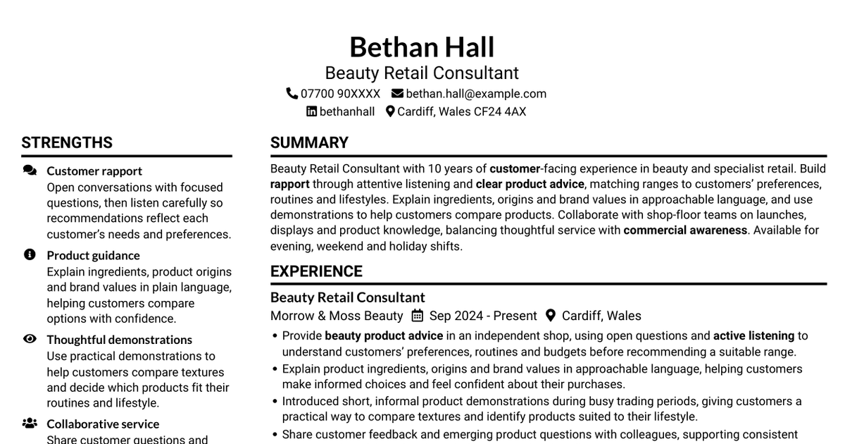 7 Beauty Retail Consultant - Product Advice CV Templates with Example