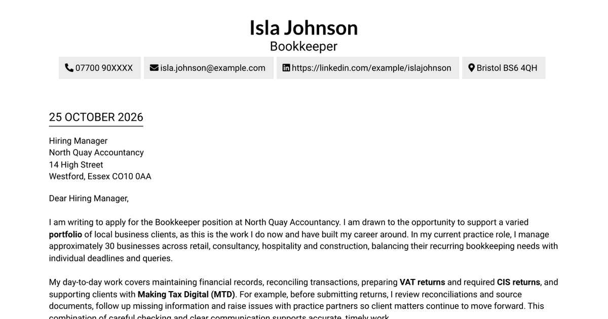 Bookkeeper - Accountancy Practice Cover Letter