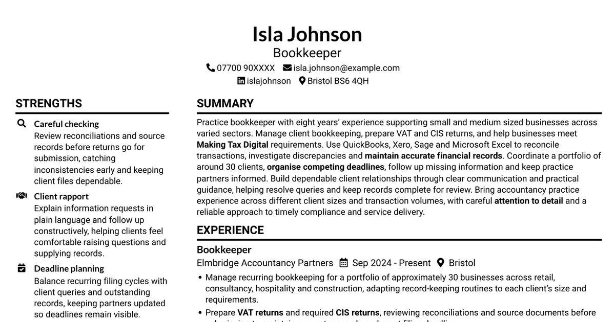Bookkeeper - Accountancy Practice CV