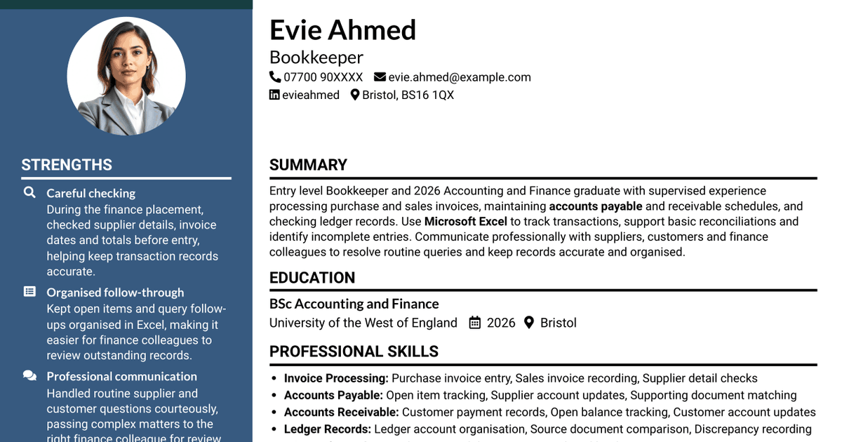 7 Bookkeeper - Accounts Payable and Receivable CV Templates with Example