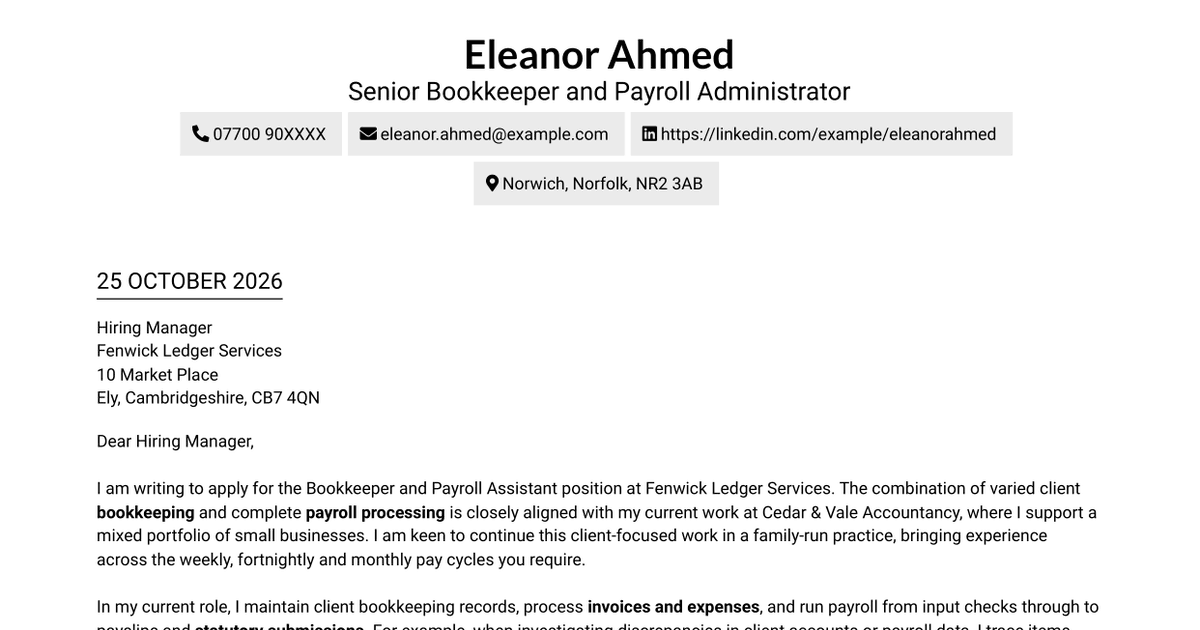 Bookkeeper and Payroll Assistant Cover Letter