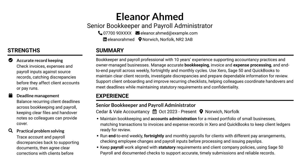 Bookkeeper and Payroll Assistant CV