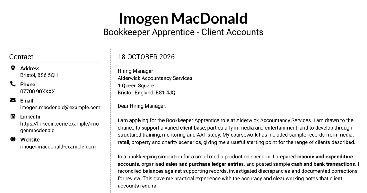 7 Bookkeeper Apprentice - Client Accounts Cover Letter Templates with Example