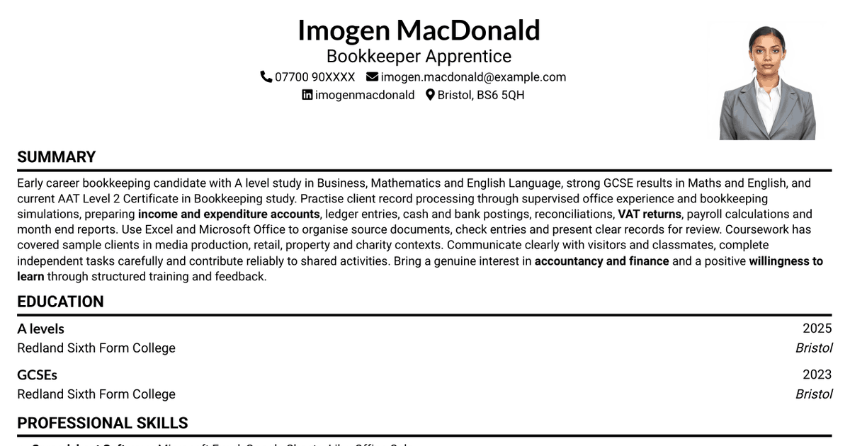 7 Bookkeeper Apprentice - Client Accounts CV Templates with Example
