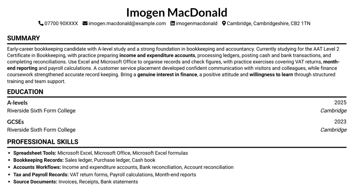 7 Bookkeeper Apprentice Media and Entertainment CV Templates with Example