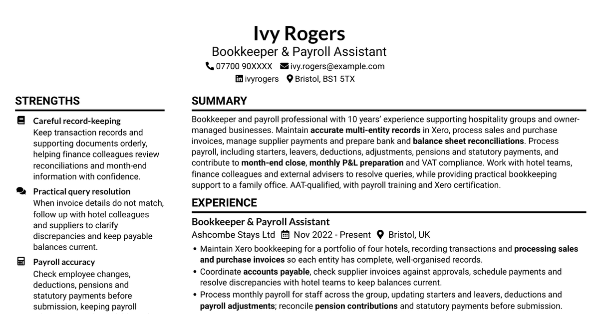 Bookkeeper & Payroll Assistant - Hospitality Finance CV