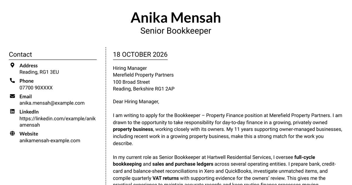 7 Bookkeeper - Property Finance Cover Letter Templates with Example