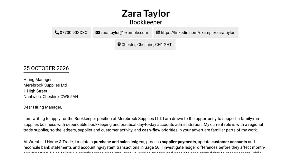 Bookkeeper - Purchase and Sales Ledger Cover Letter