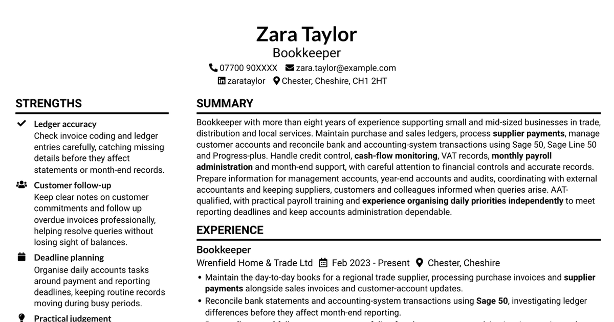 Bookkeeper - Purchase and Sales Ledger CV