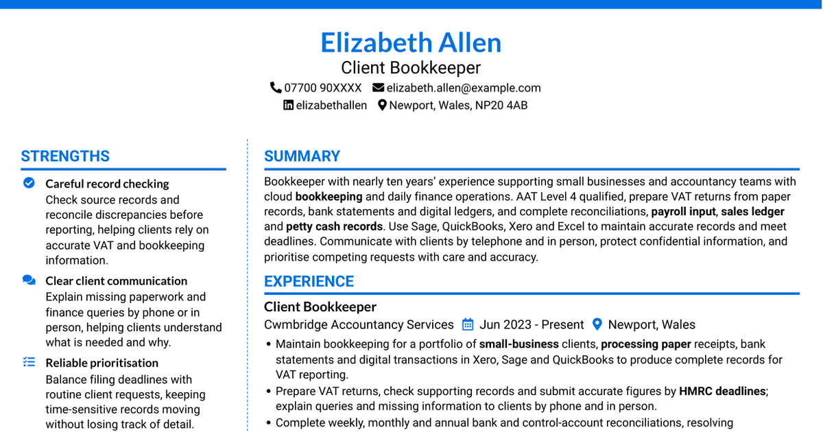 7 Bookkeeper - VAT and Cloud Accounting CV Templates with Example